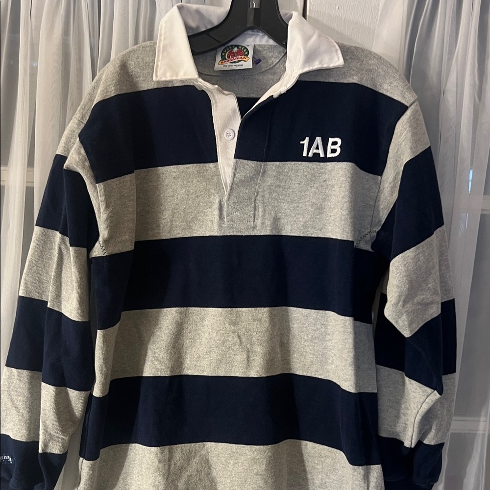Barbarian Navy and Gray Striped Rugby Polo Shirt Men’s Medium - Picture 2 of 10